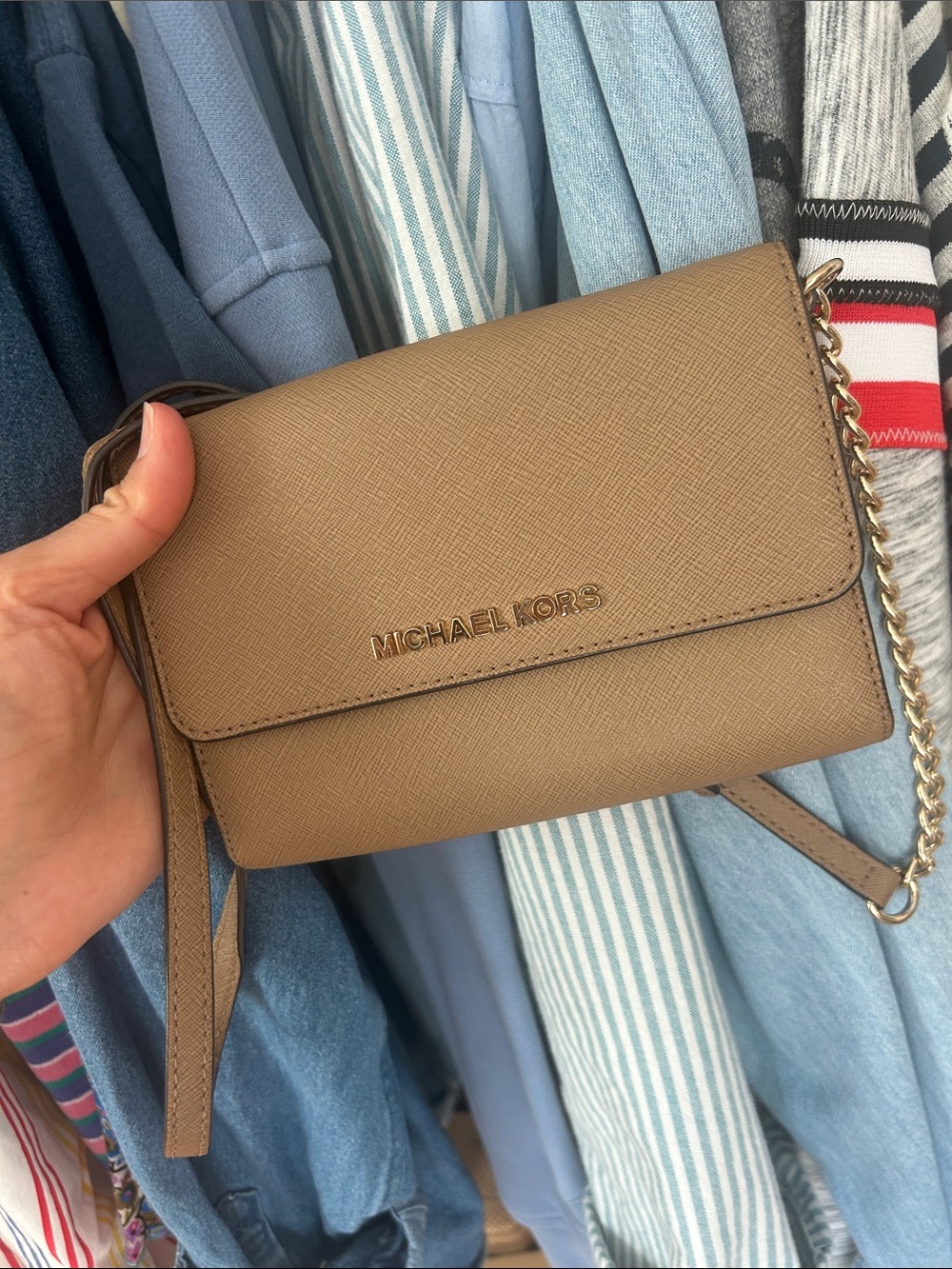Michael Kors Taupe Leather Crossbody with Gold-Tone Chain